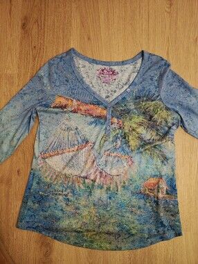 Leoma Lovegrove Blue Tropical-Print Henley 3/4 Sleeve Tee